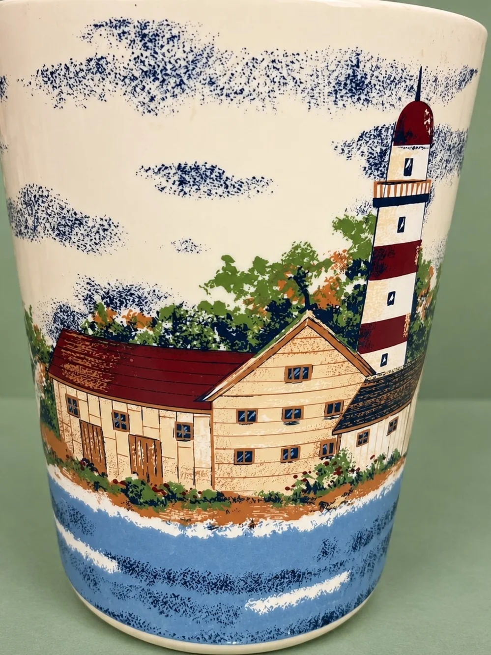 Seaport Lighthouse Coastal Waste Basket Nautical Sailboat Beach Cottage Decor